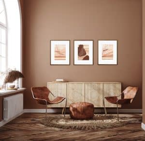 Interior view with Signed art prints in brown aesthetic