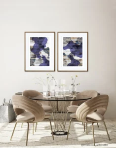 Set of 2 earthy abstract beach style art prints in dining room interior
