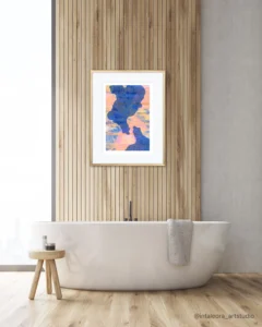 Coastal style abstract art print in bathroom by Inta Leora