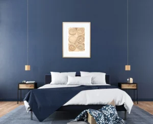 Limited edition abstract fine art print Eternity in the Sand by artist Inta Leora in bedroom interior