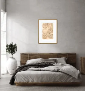 Contemporary abstract fine art print Eternity in the Sand by artist Inta Leora in bedroom interior