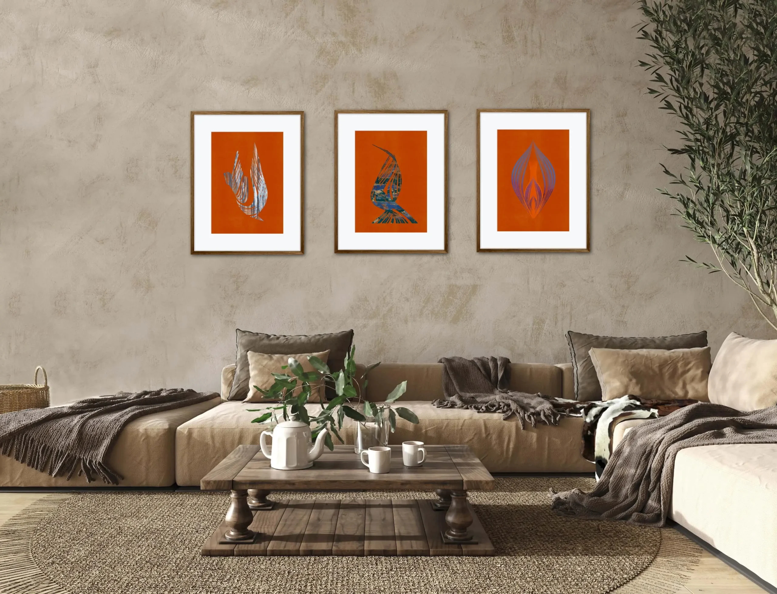 Set of 3 Original Art Prints in terracotta and blue by Inta Leora