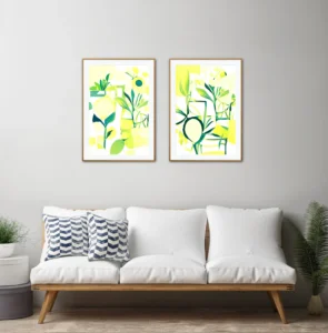 Two Semi abstract bright yellow summer style fine art prints in the room