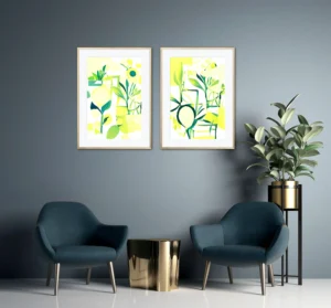 Set o two bright summer fine art prints by contemoprary digital artist Inta Leora in livingroom interior